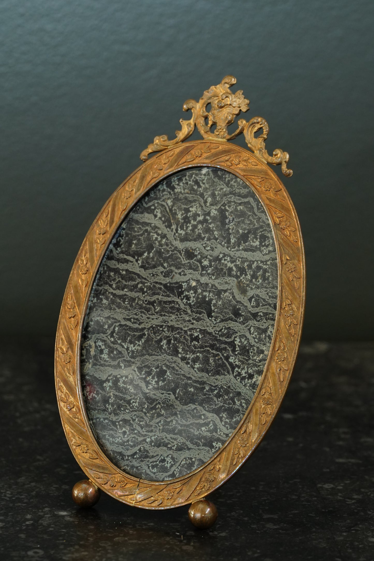 Antique French Gilt Brass Oval Picture Frame, Rococo Crest