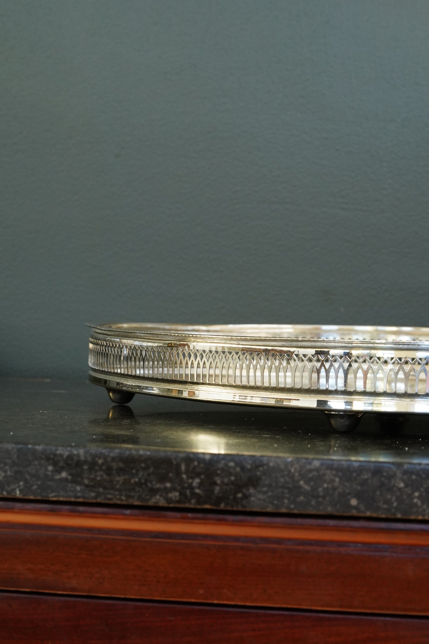 Vintage English Silverplate Gallery Tray with Ball Feet, Engraved Scrollwork