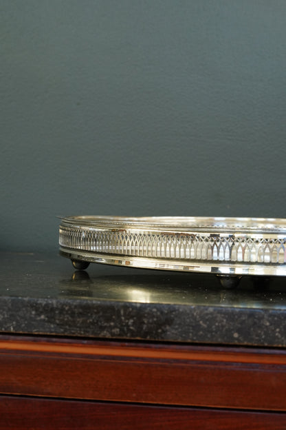 Vintage English Silverplate Gallery Tray with Ball Feet, Engraved Scrollwork
