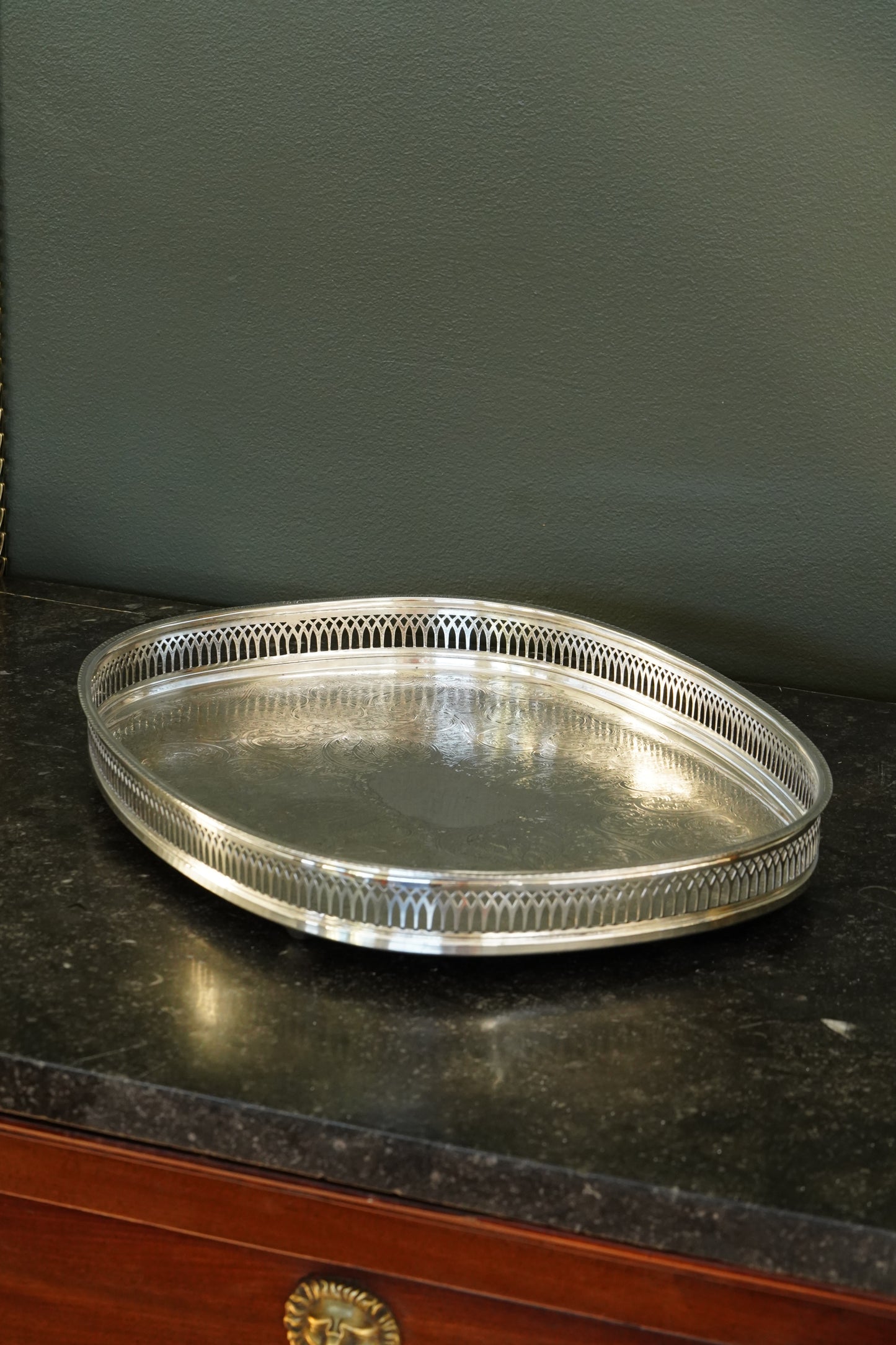 Vintage English Silverplate Gallery Tray with Ball Feet, Engraved Scrollwork