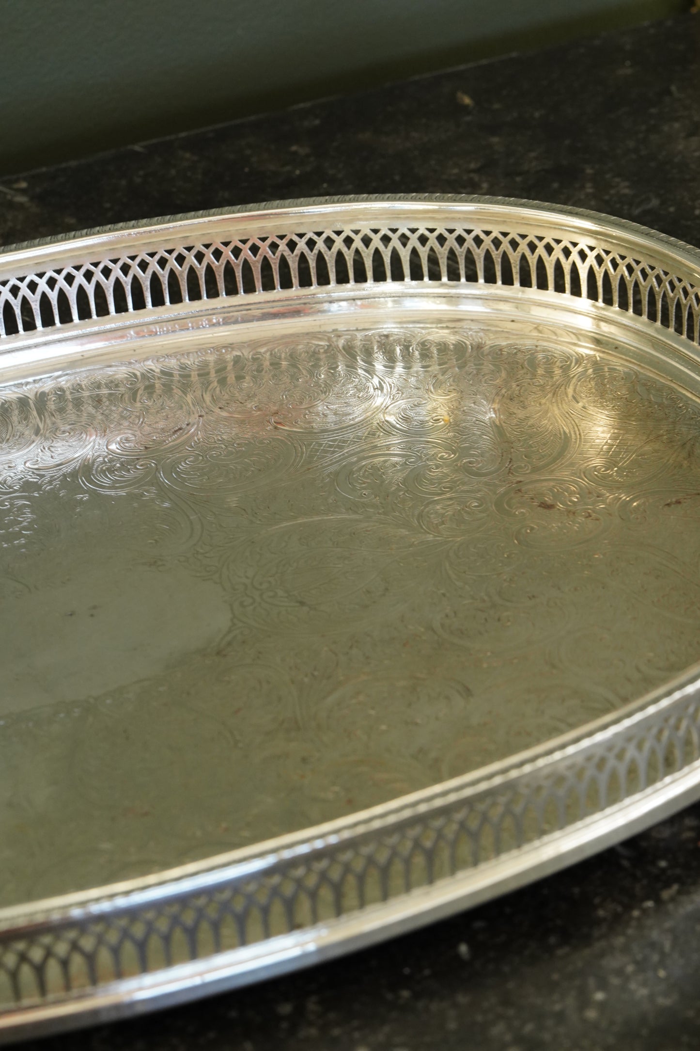 Vintage English Silverplate Gallery Tray with Ball Feet, Engraved Scrollwork