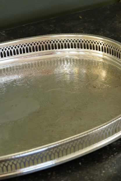 Vintage English Silverplate Gallery Tray with Ball Feet, Engraved Scrollwork
