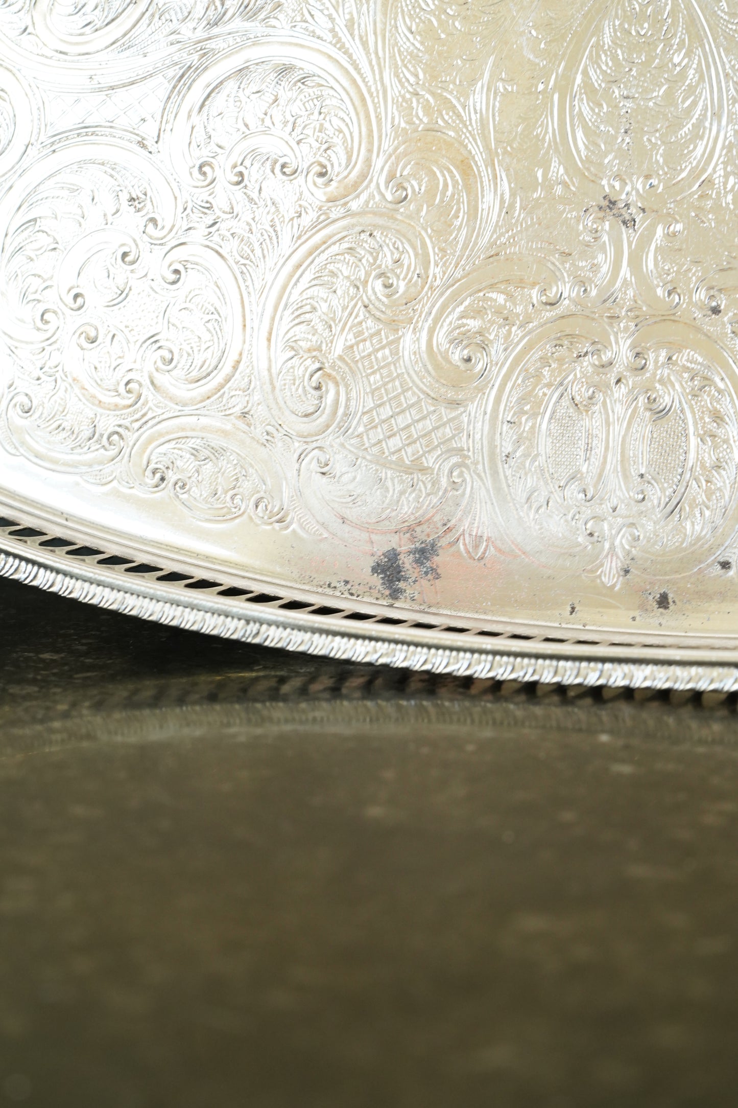 Vintage English Silverplate Gallery Tray with Ball Feet, Engraved Scrollwork