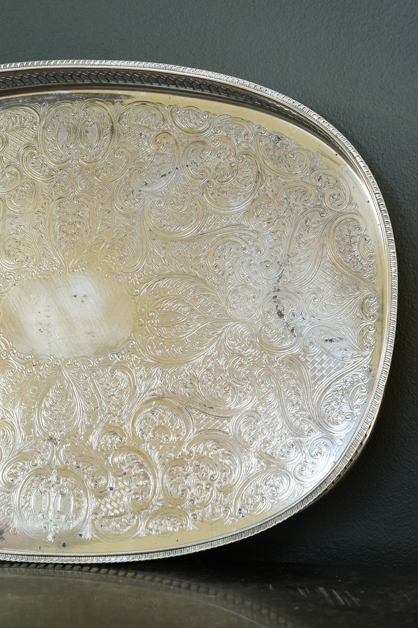 Vintage English Silverplate Gallery Tray with Ball Feet, Engraved Scrollwork