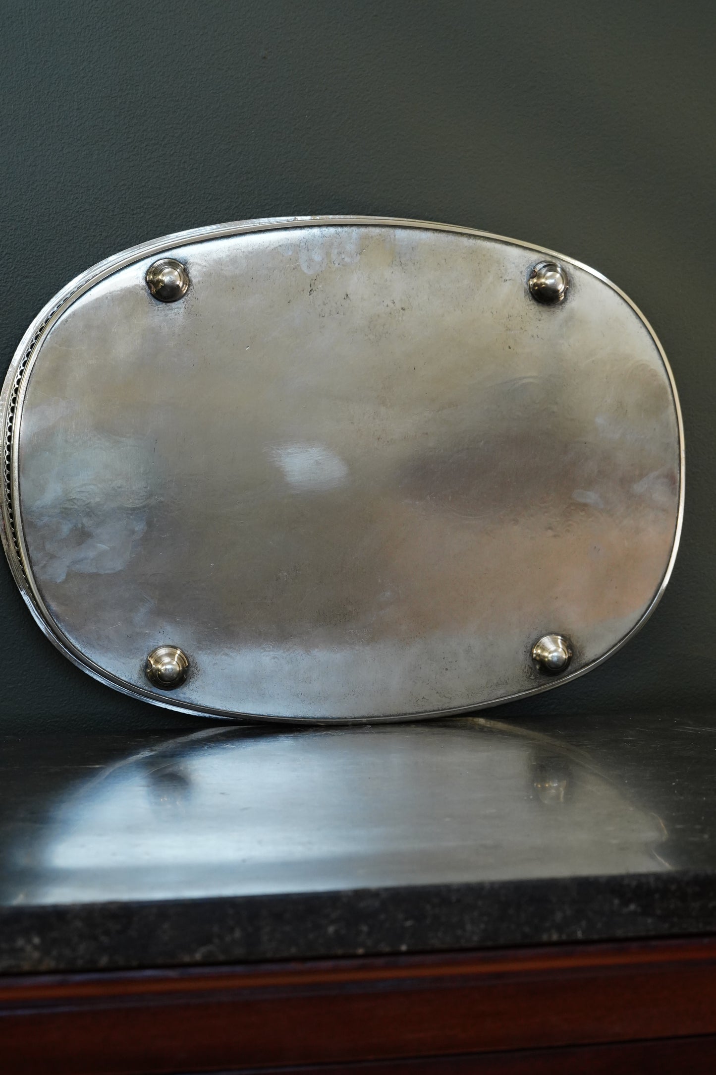 Vintage English Silverplate Gallery Tray with Ball Feet, Engraved Scrollwork