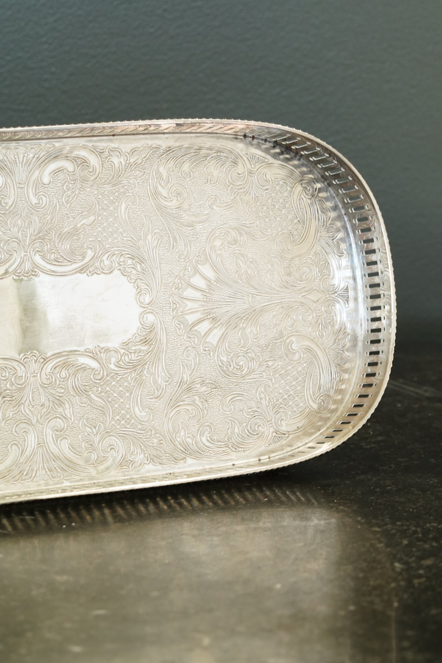 *RESERVED* Antique English Silverplate Gallery Tray with Feet, Sheffield