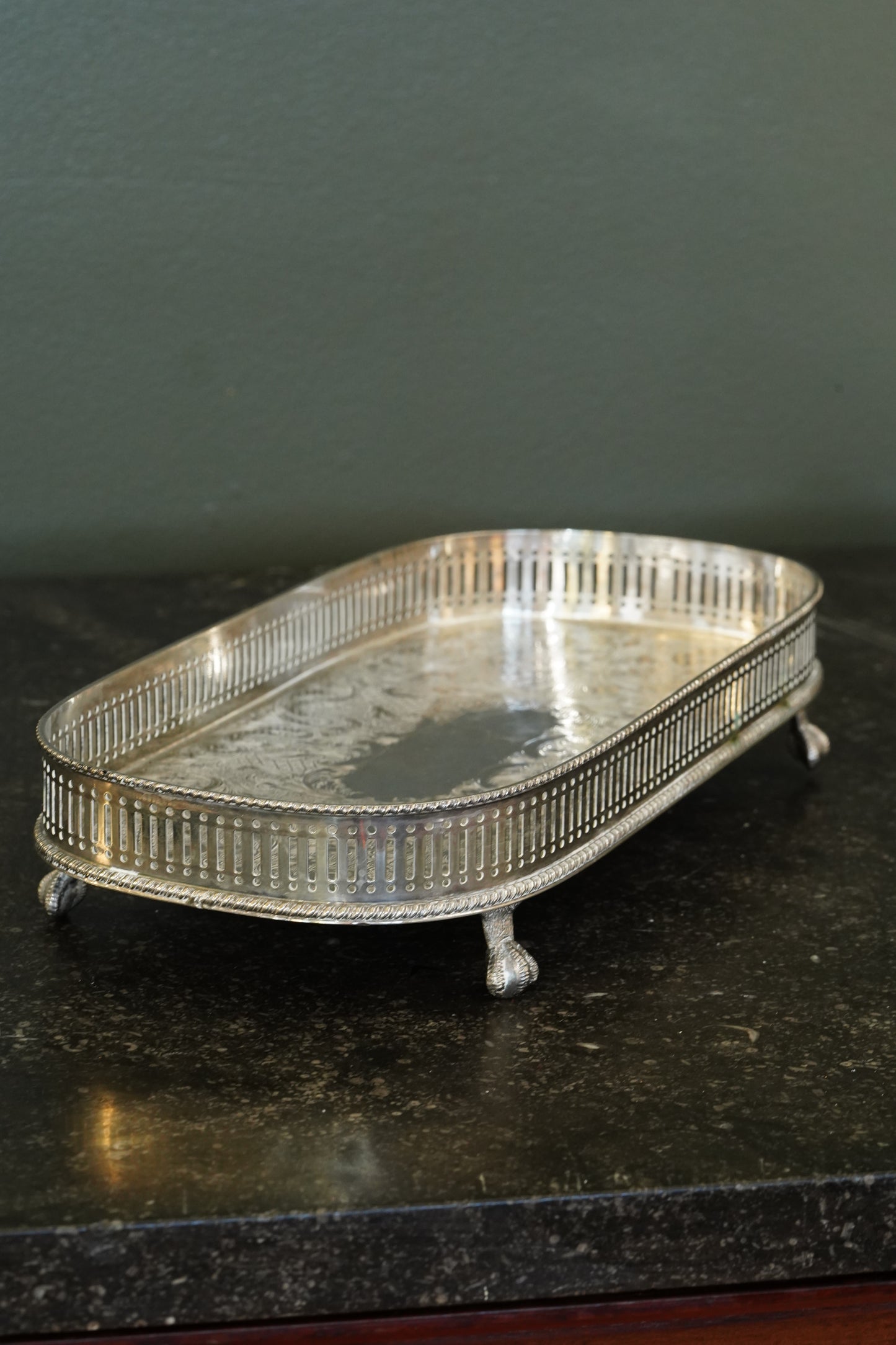 *RESERVED* Antique English Silverplate Gallery Tray with Feet, Sheffield