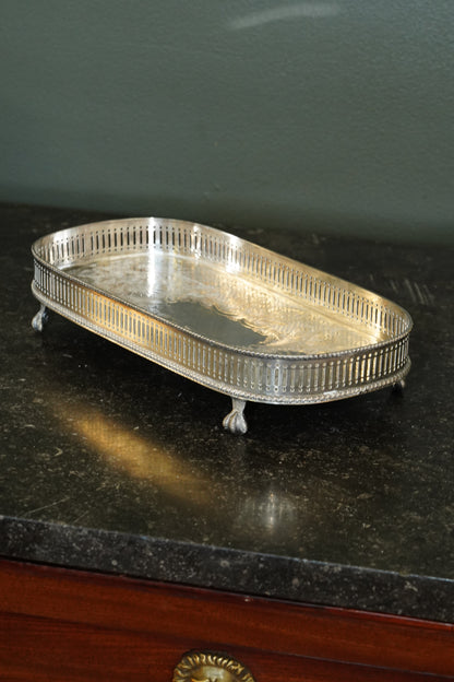 *RESERVED* Antique English Silverplate Gallery Tray with Feet, Sheffield