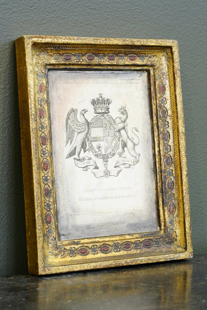 Antique Engraving, Earl of Ormonde Armorial Bookplate, Florentine Frame, Ca. 1850s