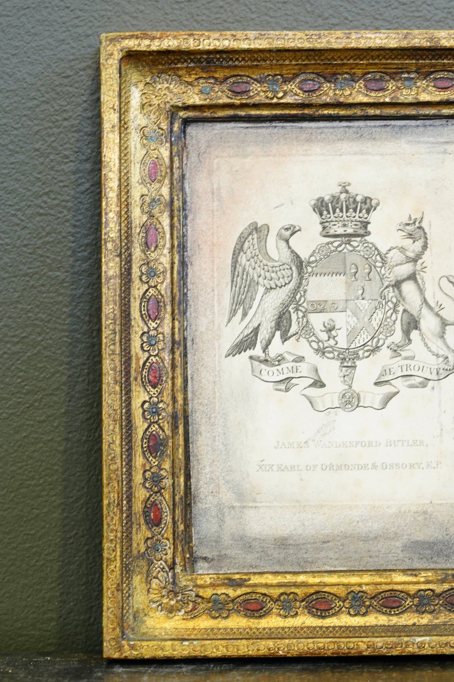 Antique Engraving, Earl of Ormonde Armorial Bookplate, Florentine Frame, Ca. 1850s