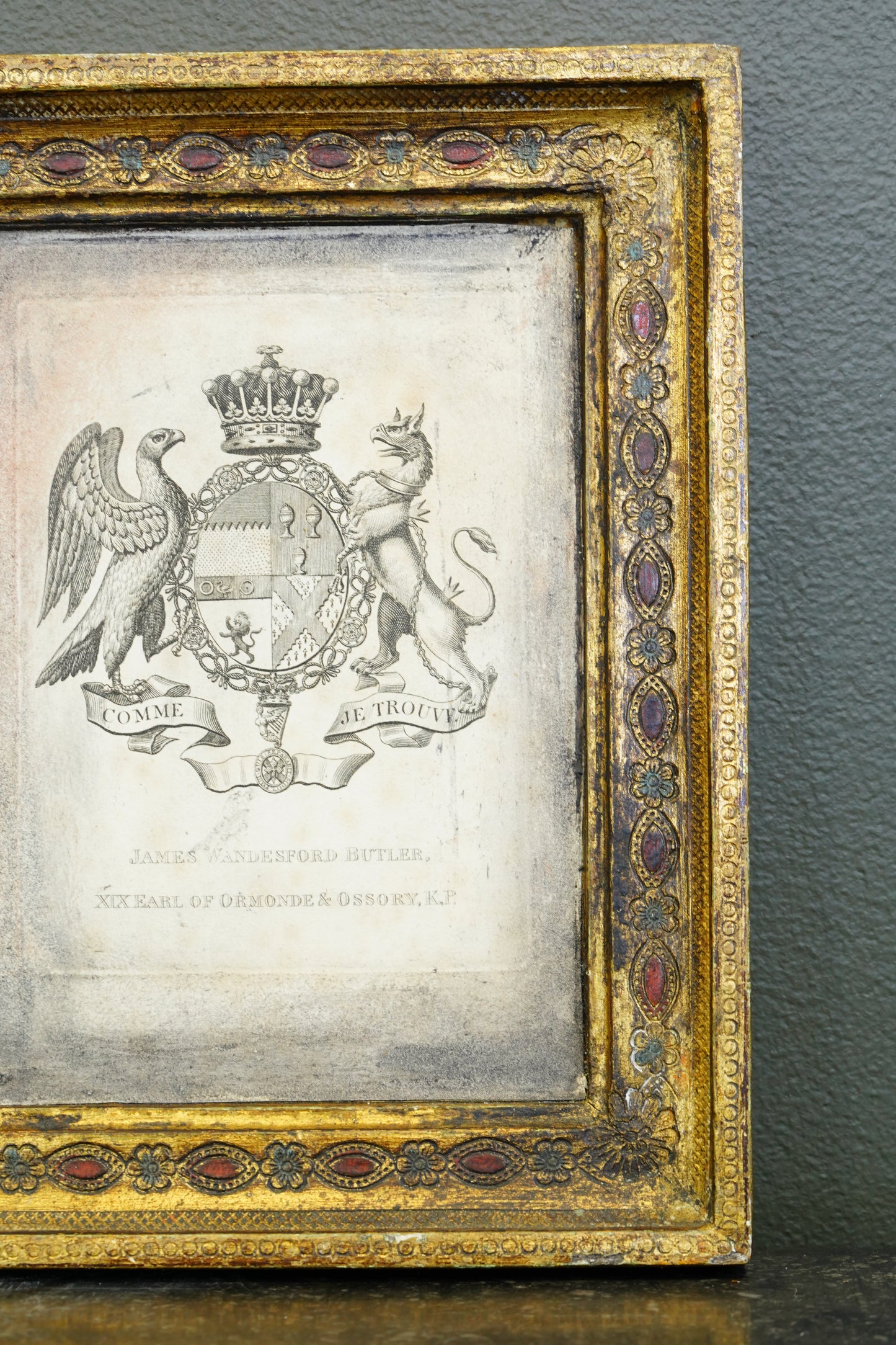 Antique Engraving, Earl of Ormonde Armorial Bookplate, Florentine Frame, Ca. 1850s