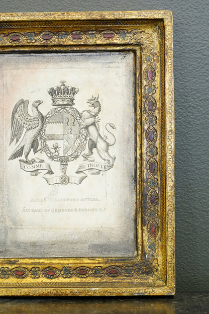 Antique Engraving, Earl of Ormonde Armorial Bookplate, Florentine Frame, Ca. 1850s