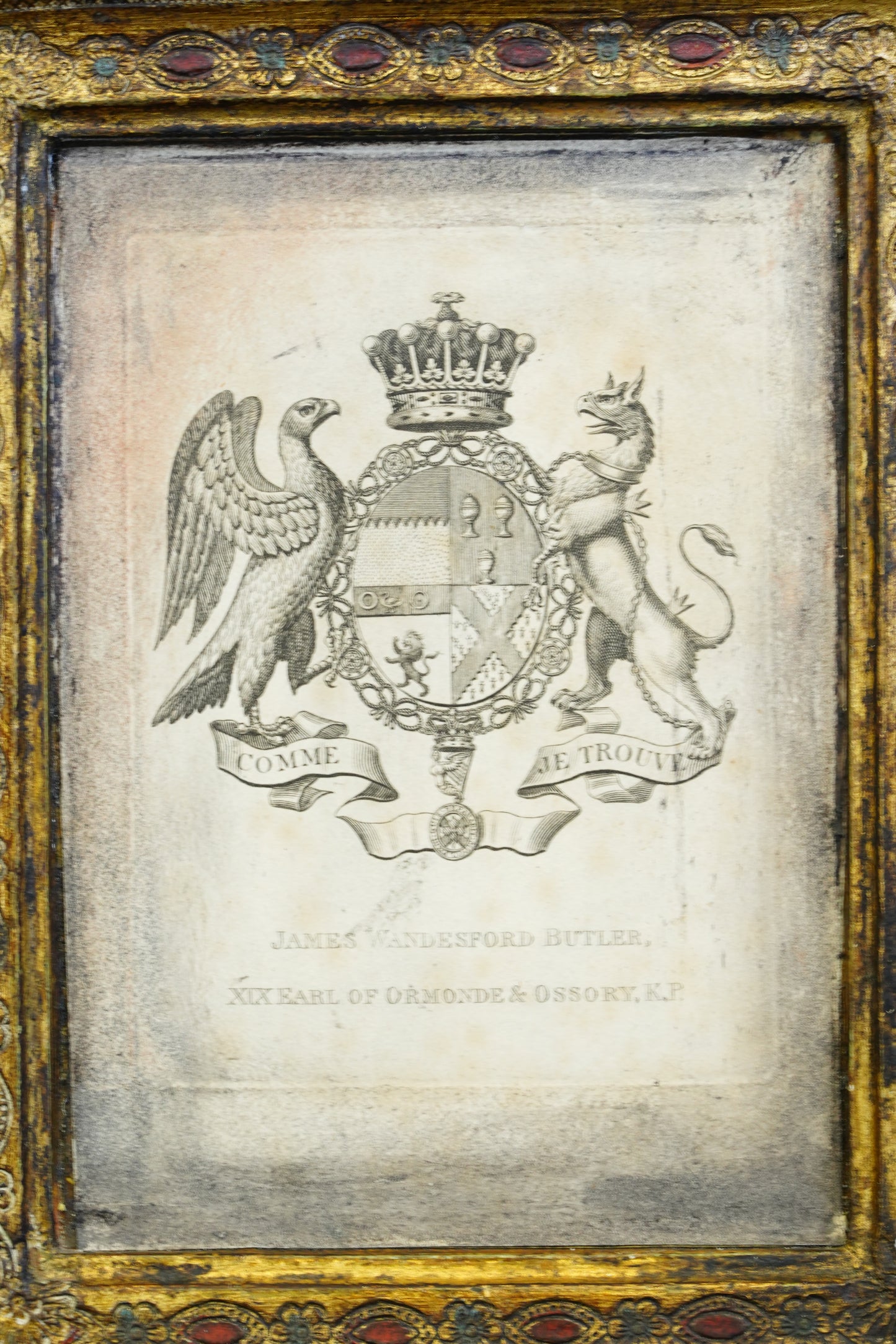 Antique Engraving, Earl of Ormonde Armorial Bookplate, Florentine Frame, Ca. 1850s