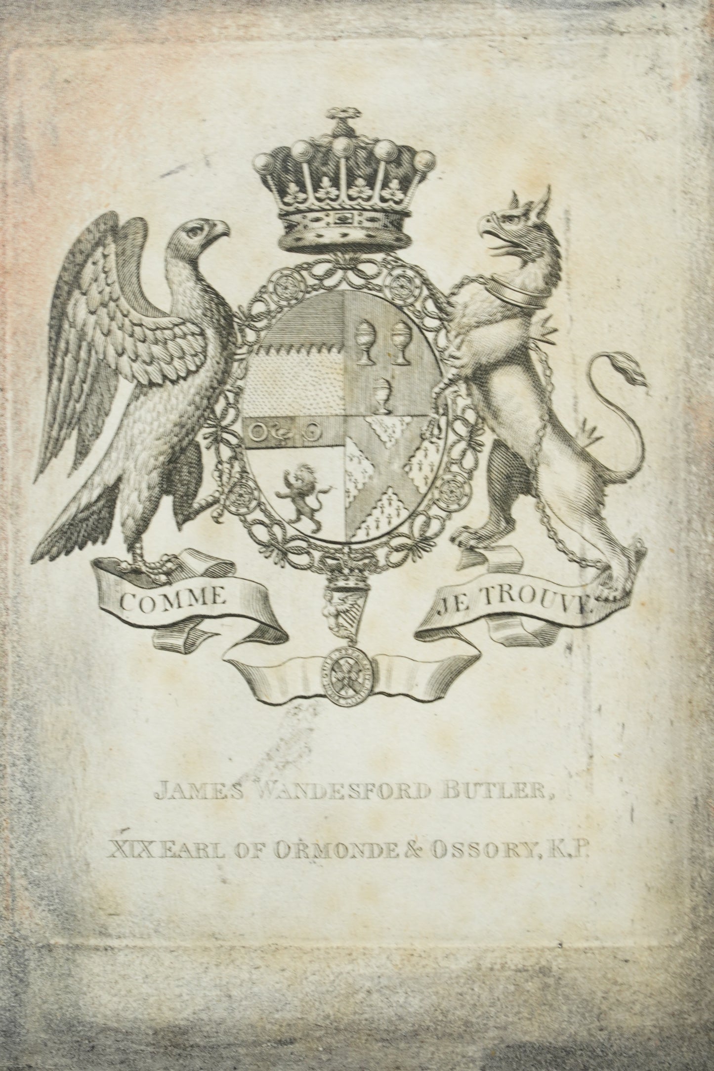 Antique Engraving, Earl of Ormonde Armorial Bookplate, Florentine Frame, Ca. 1850s