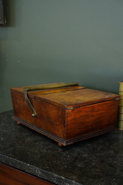Victorian Burr Walnut Sewing Box with Brass Handle, Circa 1860
