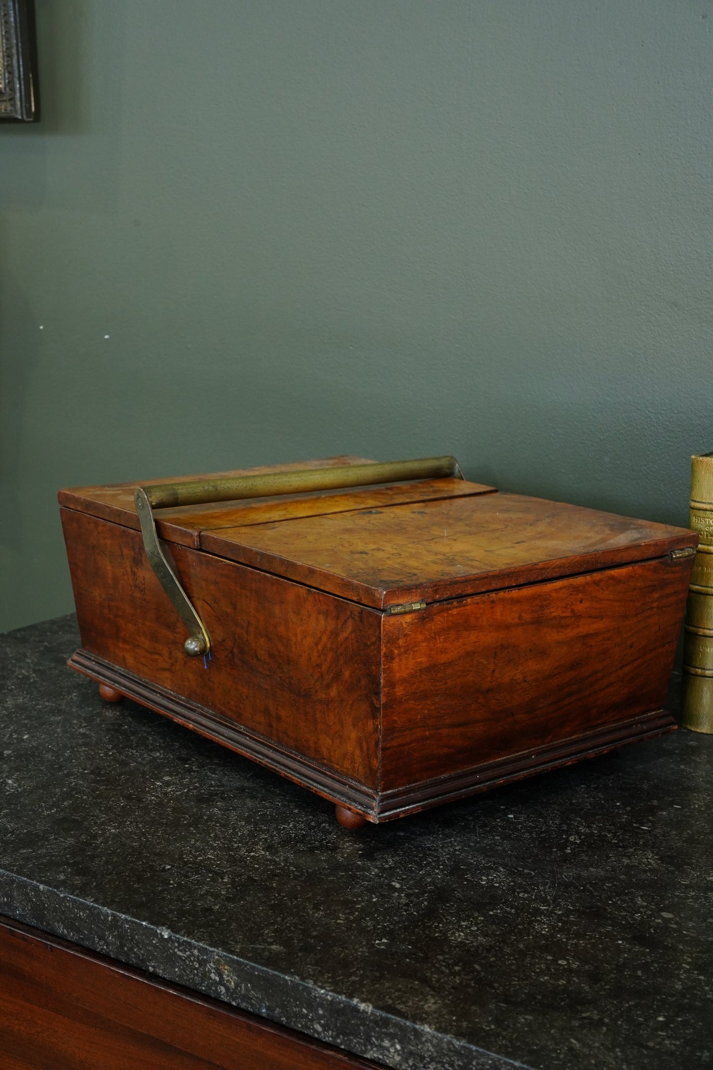 Victorian Burr Walnut Sewing Box with Brass Handle, Circa 1860