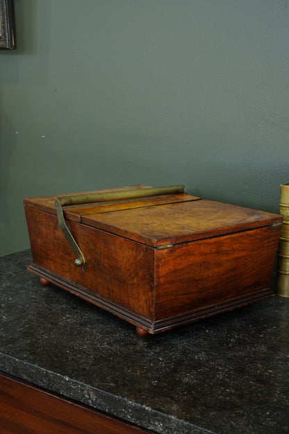 Victorian Burr Walnut Sewing Box with Brass Handle, Circa 1860