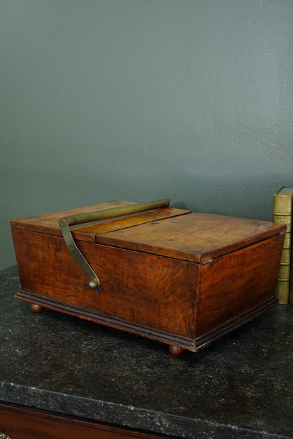 Victorian Burr Walnut Sewing Box with Brass Handle, Circa 1860