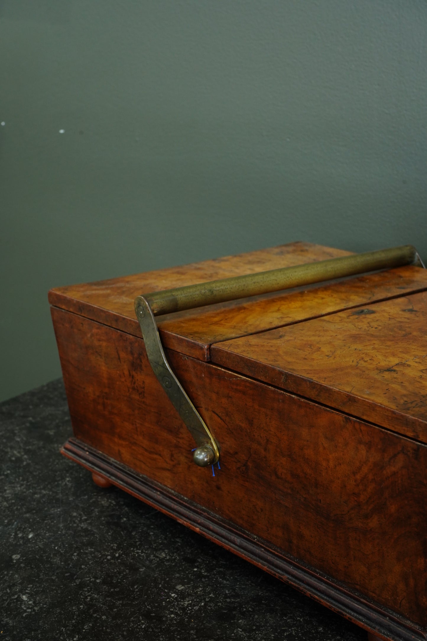Victorian Burr Walnut Sewing Box with Brass Handle, Circa 1860