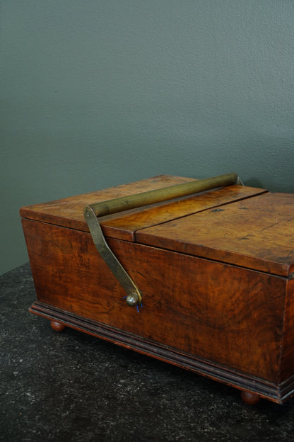 Victorian Burr Walnut Sewing Box with Brass Handle, Circa 1860