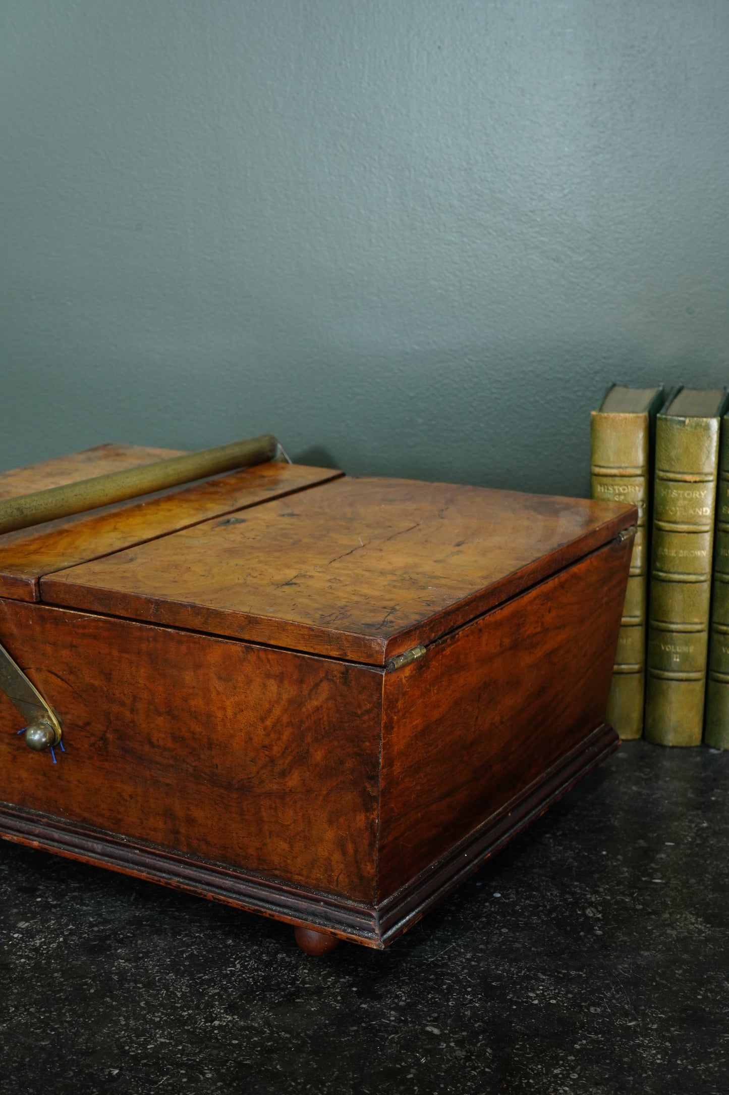 Victorian Burr Walnut Sewing Box with Brass Handle, Circa 1860