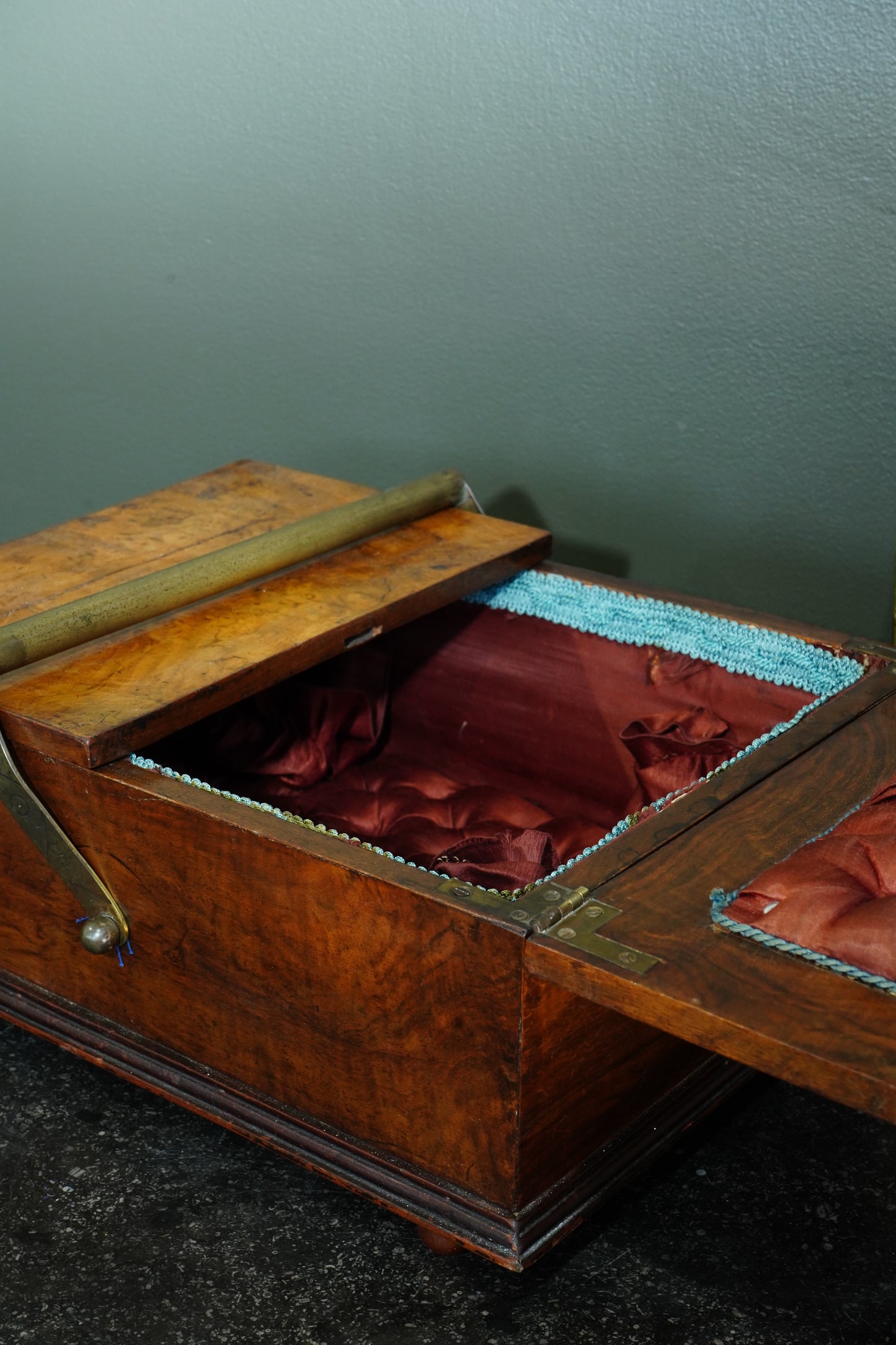 Victorian Burr Walnut Sewing Box with Brass Handle, Circa 1860
