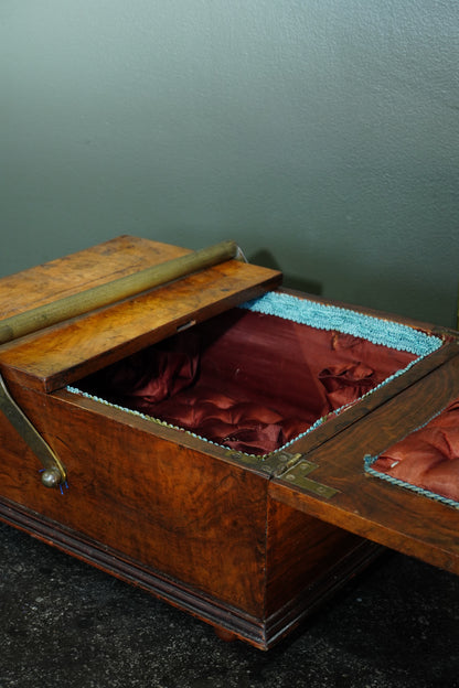 Victorian Burr Walnut Sewing Box with Brass Handle, Circa 1860
