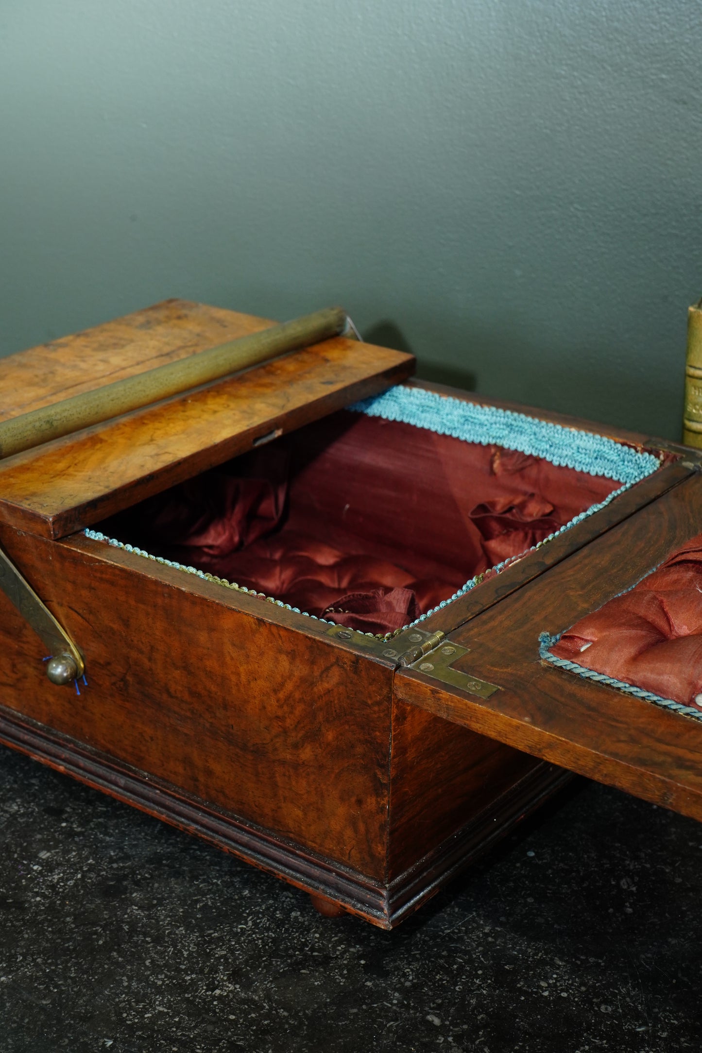 Victorian Burr Walnut Sewing Box with Brass Handle, Circa 1860