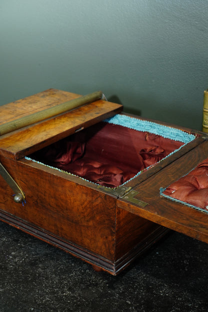 Victorian Burr Walnut Sewing Box with Brass Handle, Circa 1860
