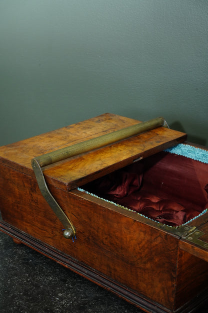 Victorian Burr Walnut Sewing Box with Brass Handle, Circa 1860