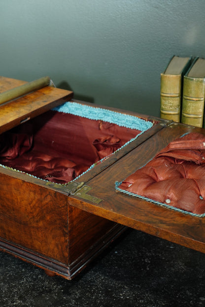 Victorian Burr Walnut Sewing Box with Brass Handle, Circa 1860