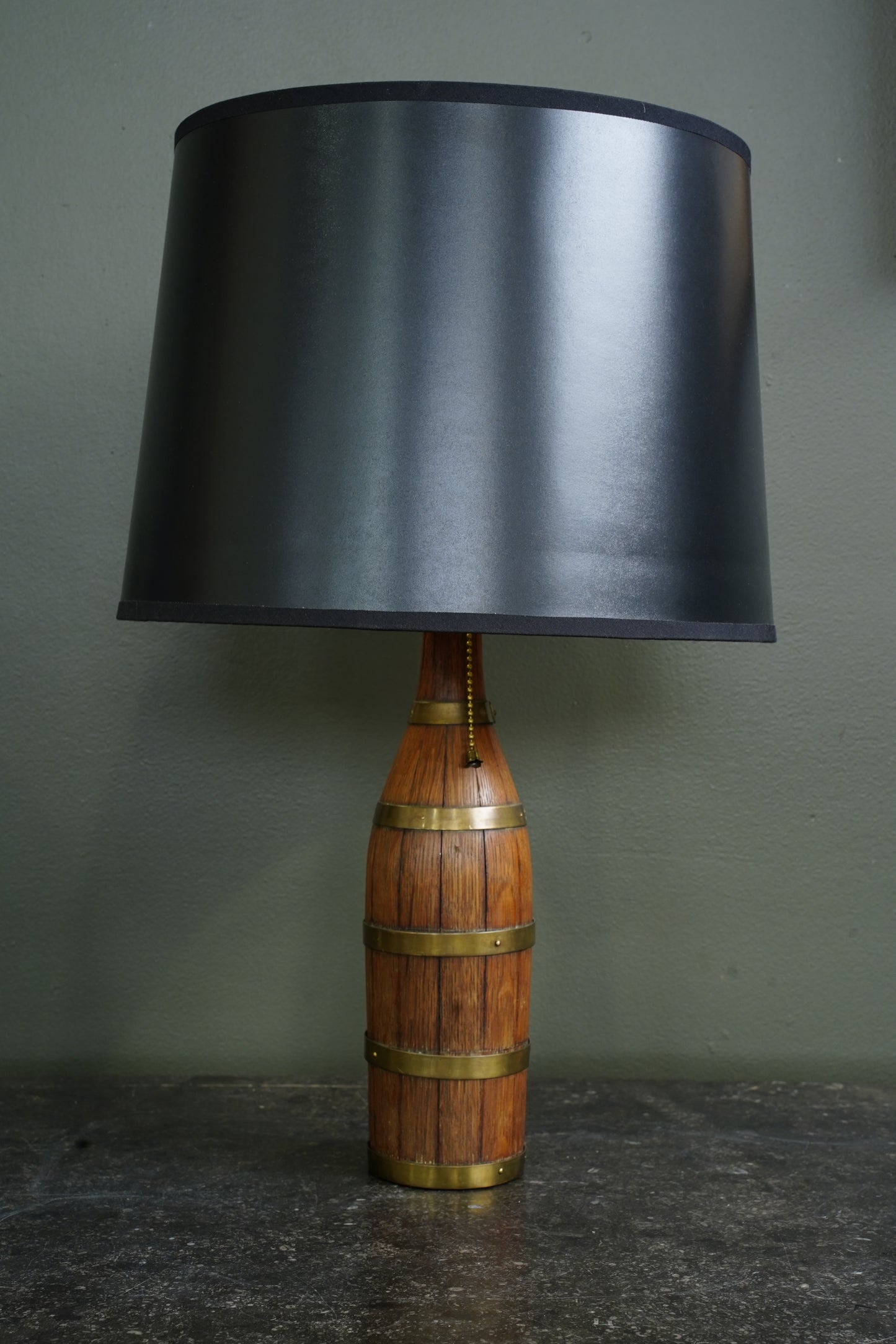 Antique European Oak Brass-Banded Bottle Table Lamp