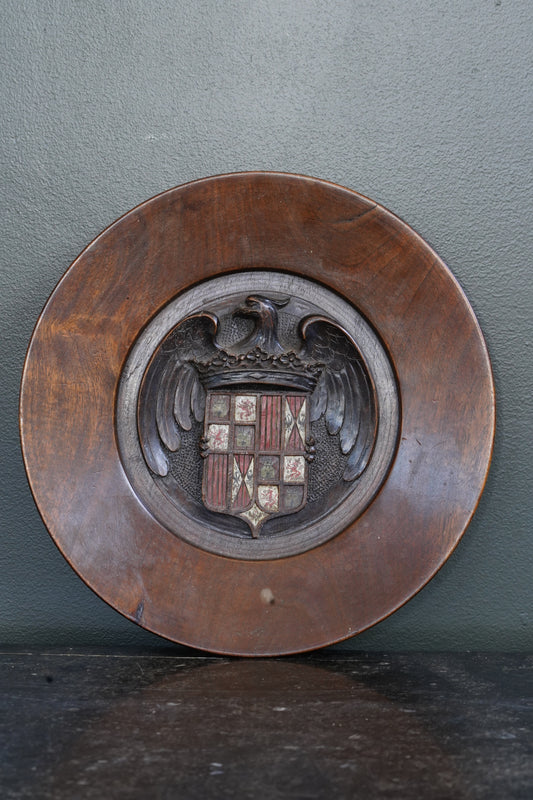 Carved Walnut Spanish Armorial Charger, Arms of the Catholic Monarchs, Circa 1930