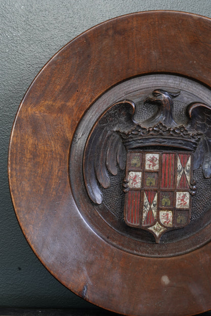 Carved Walnut Spanish Armorial Charger, Arms of the Catholic Monarchs, Circa 1930