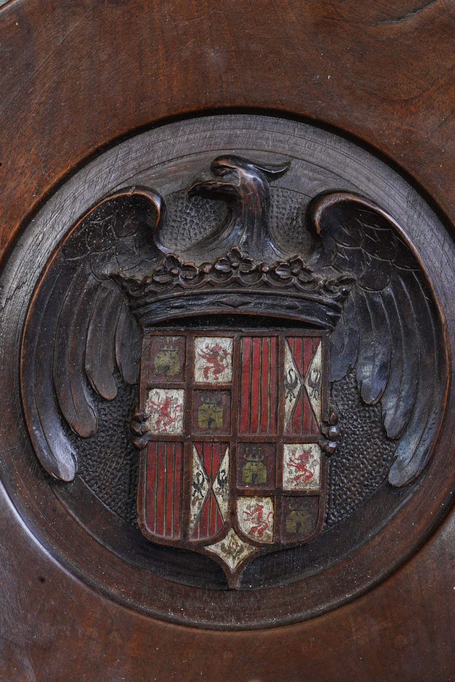 Carved Walnut Spanish Armorial Charger, Arms of the Catholic Monarchs, Circa 1930