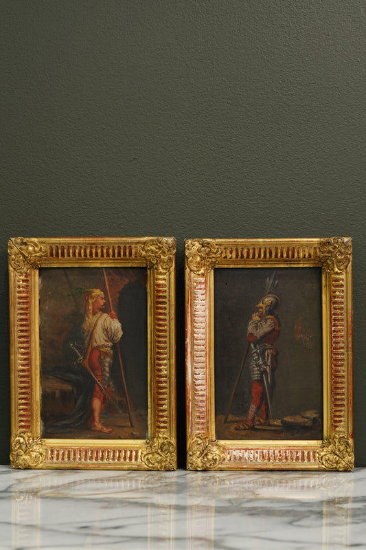 Pair Antique Continental School Cabinet Paintings - after Salvator Rosa