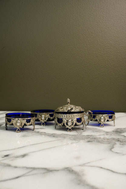 Antique German 800 Silver Salt Cellar Set with Cobalt Glass, Hanau