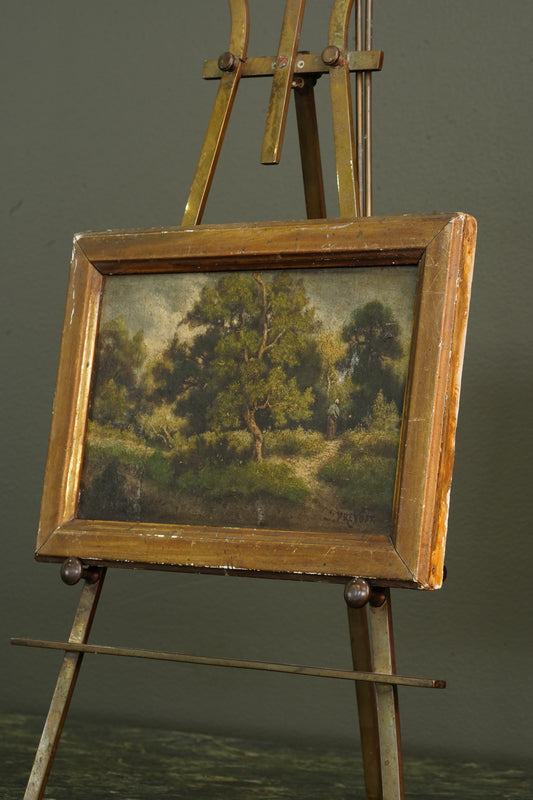 19th Century French Wooded Landscape with Figure on a Path, Oil on Panel