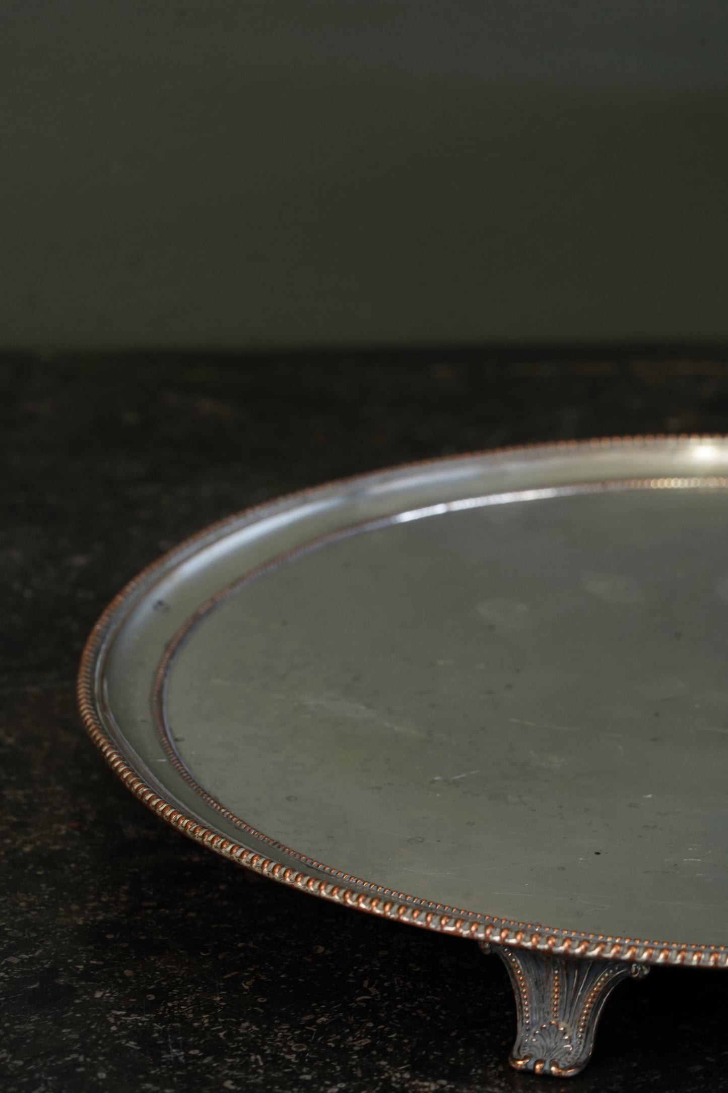 English Silver Plate Footed Tray on Copper, Edwardian Ca. 1910