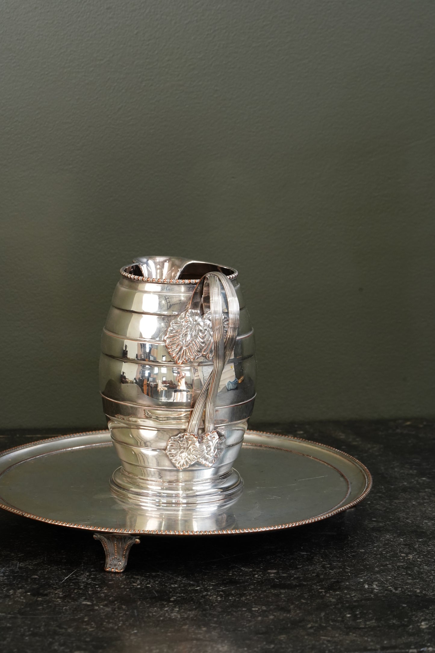 English Silver Plate Footed Tray on Copper, Edwardian Ca. 1910