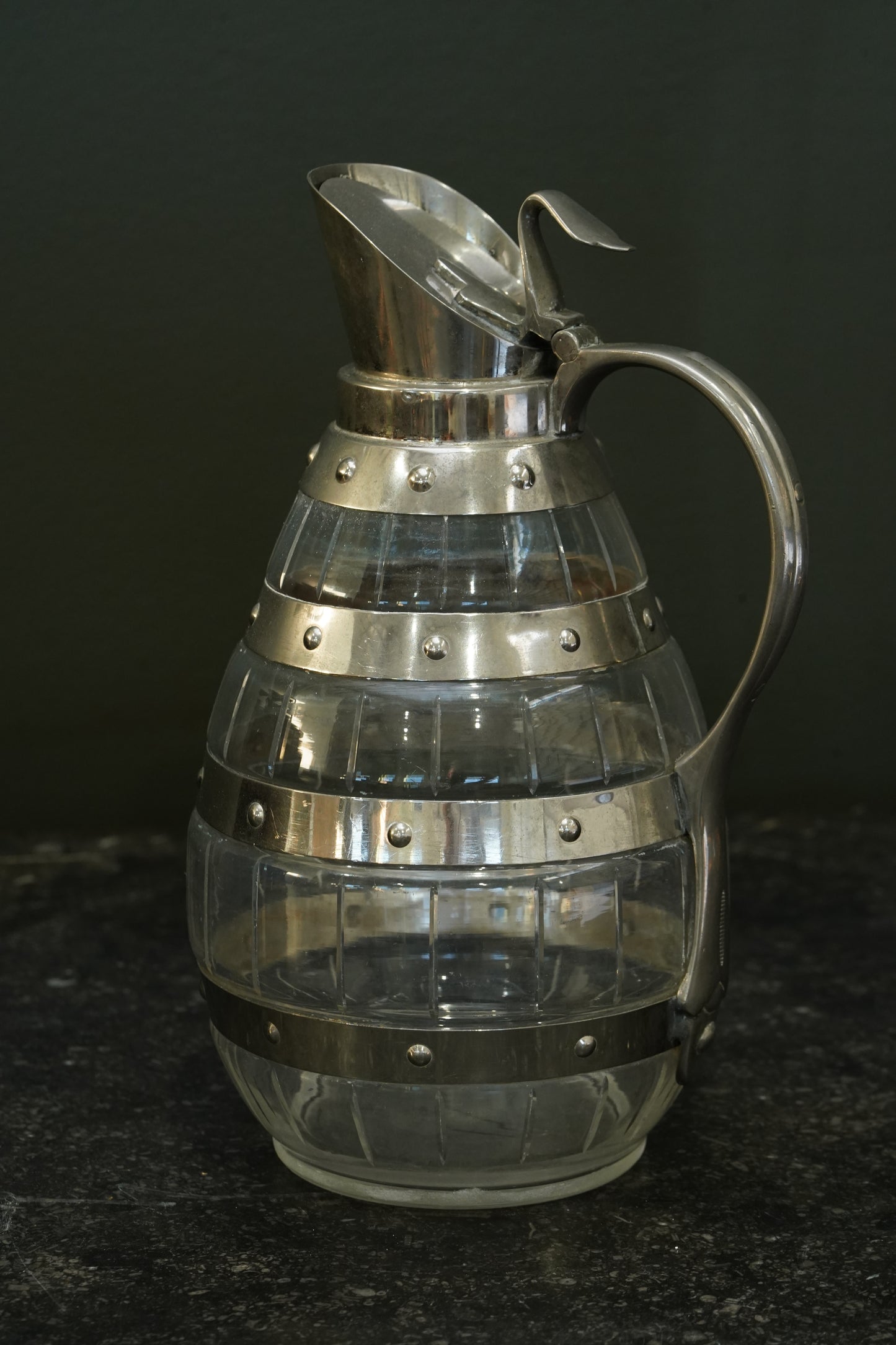 Antique Silver Plate Cut Glass Barrel Jug, England, Circa 1900