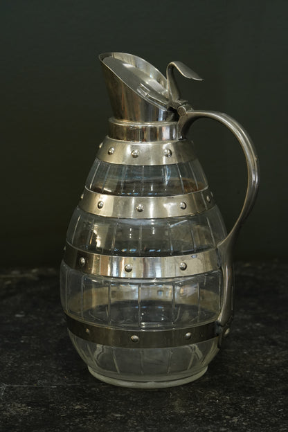 Antique Silver Plate Cut Glass Barrel Jug, England, Circa 1900