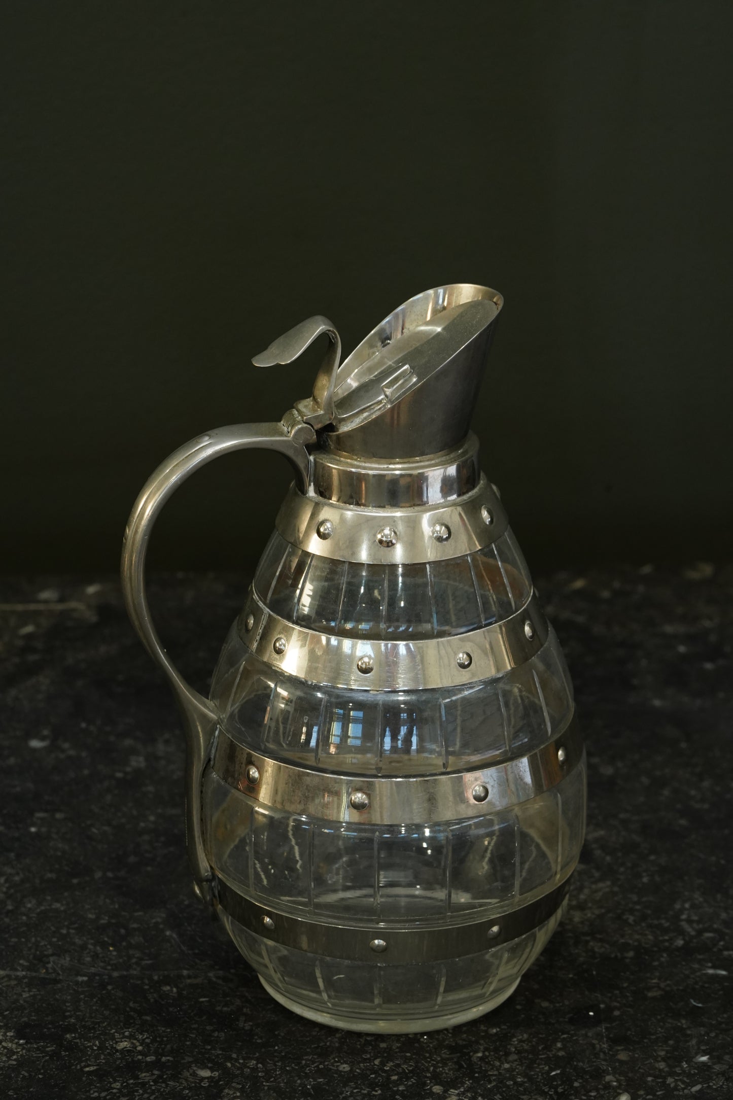 Antique Silver Plate Cut Glass Barrel Jug, England, Circa 1900