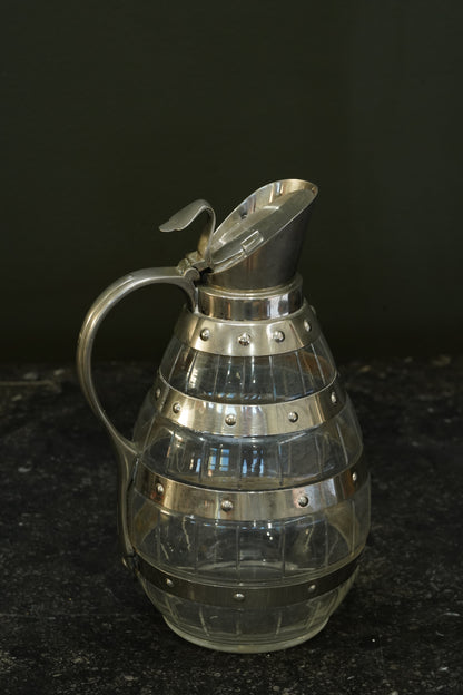 Antique Silver Plate Cut Glass Barrel Jug, England, Circa 1900