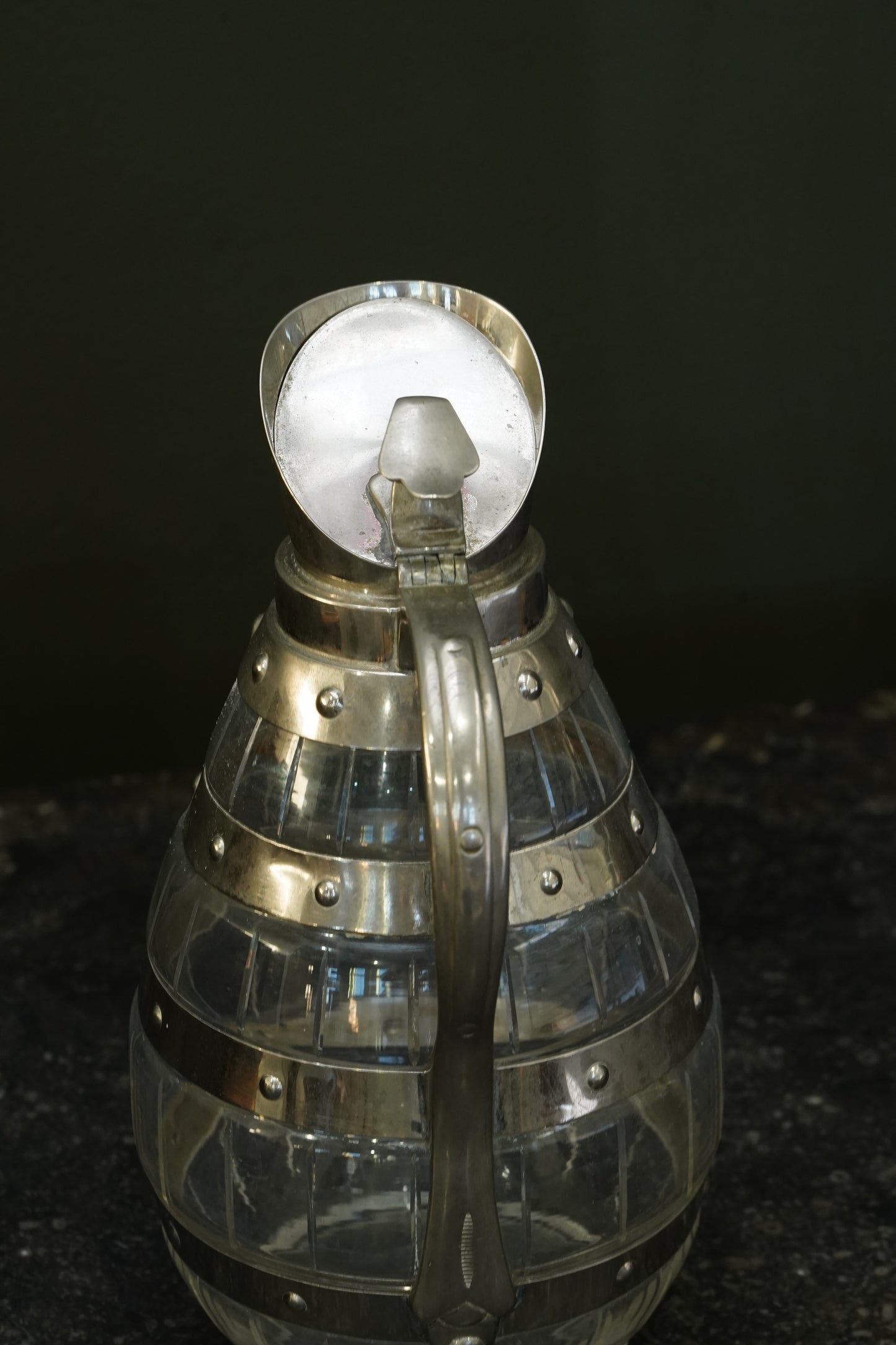 Antique Silver Plate Cut Glass Barrel Jug, England, Circa 1900