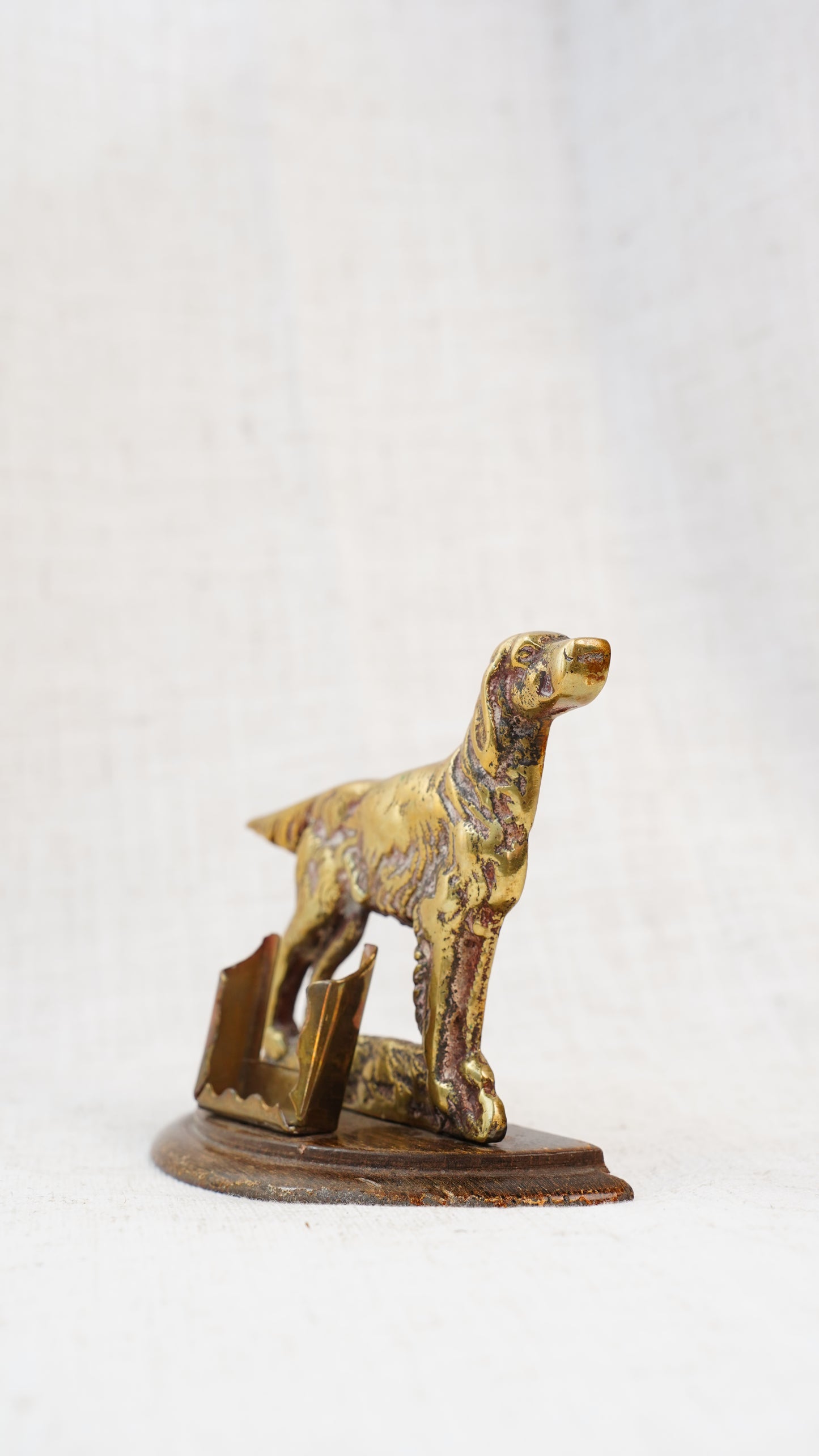 Antique English Brass Setter Dog Figure on Wood Plinth