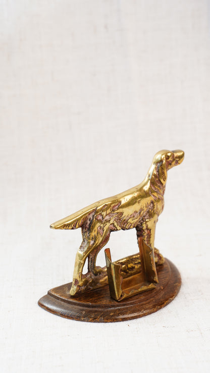 Antique English Brass Setter Dog Figure on Wood Plinth