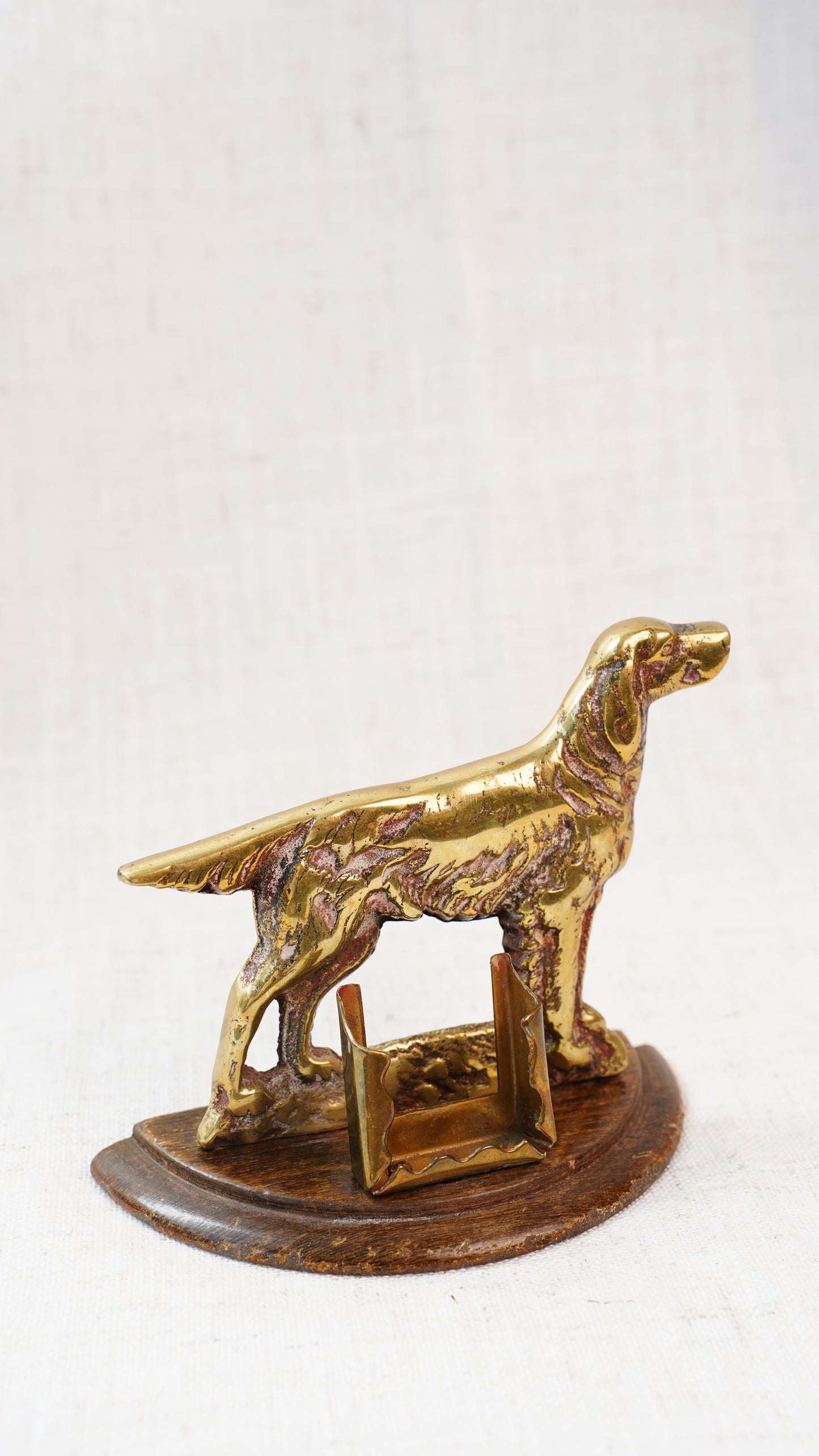 Antique English Brass Setter Dog Figure on Wood Plinth