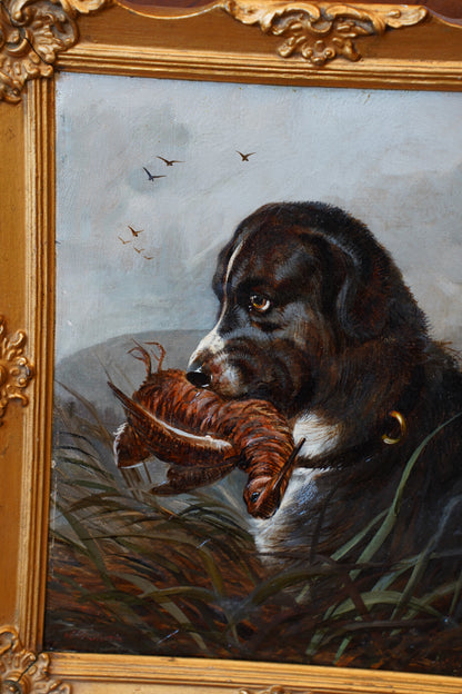 Antique Signed Hunting Dog Oil Painting