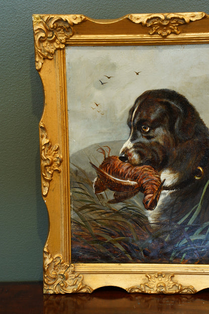 Antique Signed Hunting Dog Oil Painting
